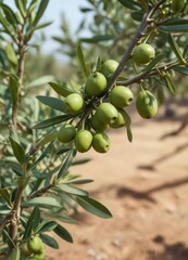 Olive branches with small green unripe olives on a tree branch, unripe olives, nature scenery