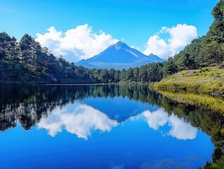 Fototapeta premium Majestic mountain peak reflected in serene lake with surrounding forest and blue sky