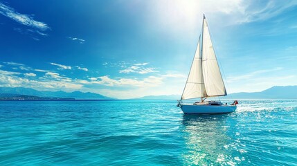 Fototapeta premium Sailboat Gliding Across a Crystal Clear Blue Ocean Under Sunny Sky