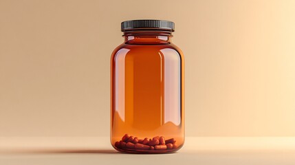 Amber glass jar with medicine capsules on a neutral background.
