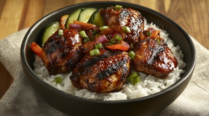 An inviting image of a bowl of fluffy white rice paired with grilled chicken and vegetables, highlighting the delicious combination of flavors and textures