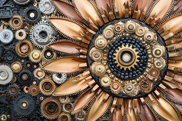 Robotic sunflower with metal petals and gears, steampunk style, warm bronze and gold tones, intricate details.