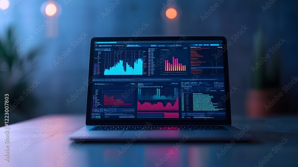 Poster sleek digital analytics dashboard with glowing 3d graphs on laptop screen