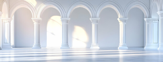 Sunlit white arches hall interior
