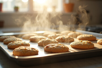 Freshly baked cookies cooling on kitchen counter