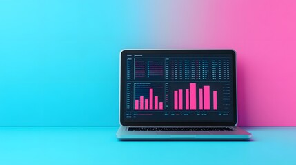 Futuristic Laptop with Interactive Data Graphs and Visualization for Business Analytics