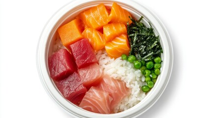 An overhead shot of a colorful poke bowl filled with fresh fish, vegetables, and rice, beautifully arranged to highlight its vibrant colors and textures