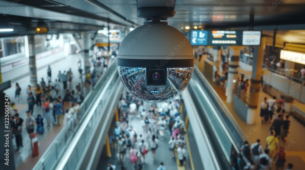 Poster An overhead view of a CCTV camera monitoring a busy transit station, capturing the flow of passengers and emphasizing the importance of safety in public transportation