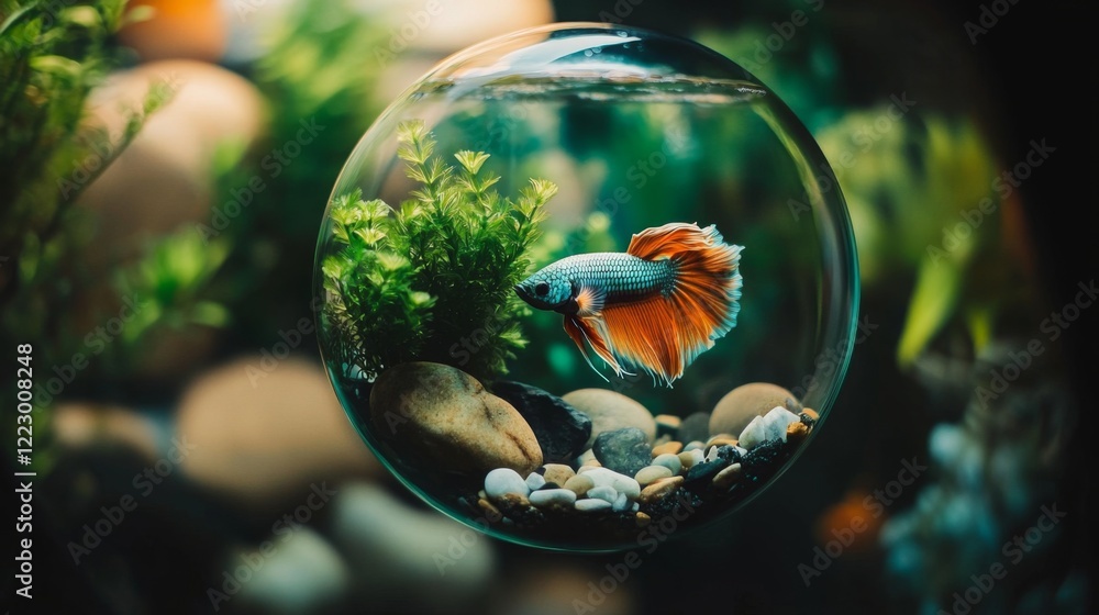 Poster an overhead view of a betta fish in a round glass bowl, surrounded by decorative stones and aquatic 