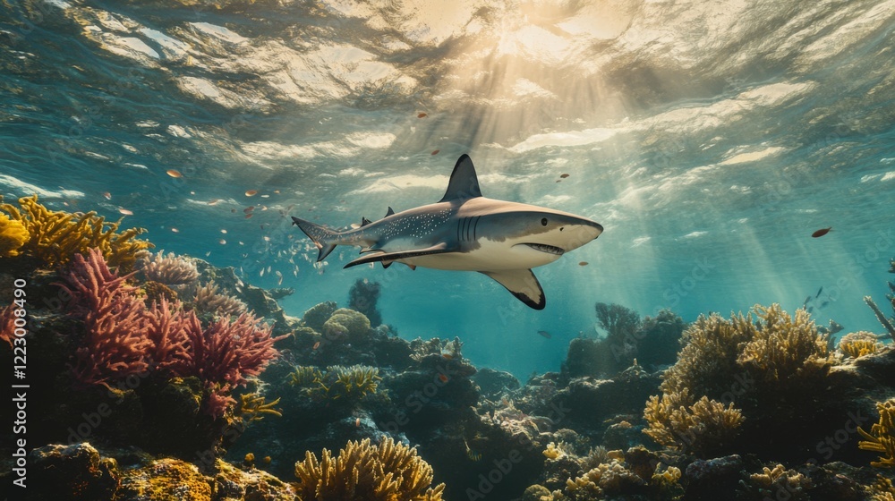 Poster an underwater scene with shark lice visible on the side of a shark swimming along a coral reef, crea