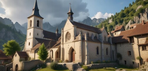Obraz premium Mountain village church with traditional French architecture, church building, historic church