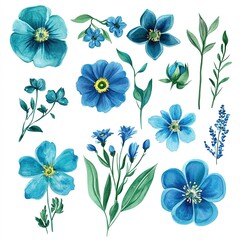 Obraz premium Watercolor painted set of blue and emerald flowers. Vector traced floral collection isolated