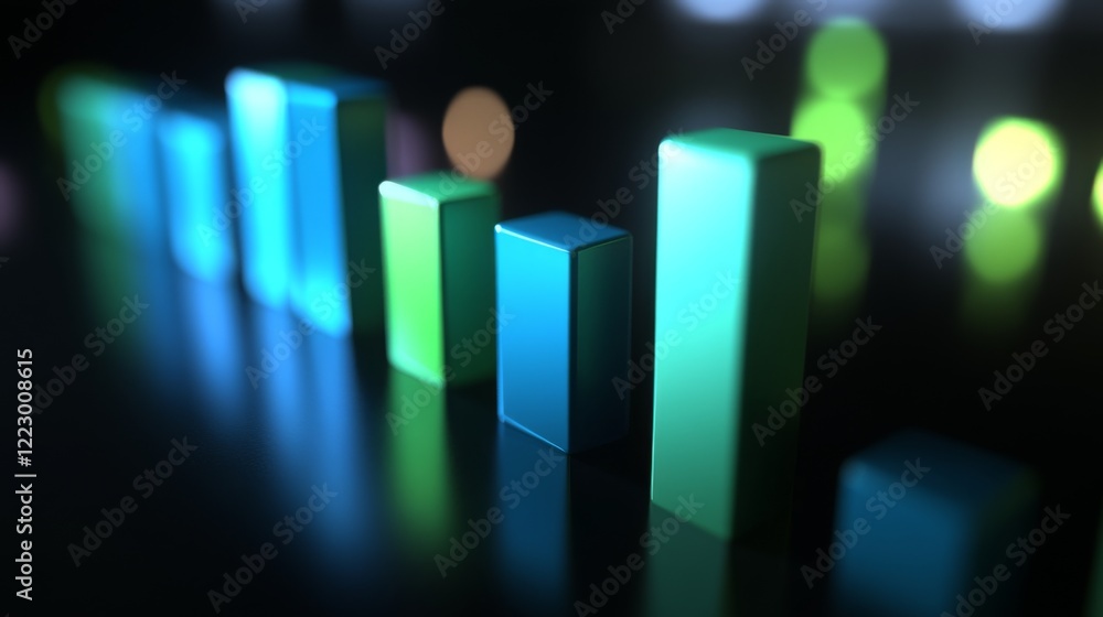 Fototapete A D bar graph in cool blues and greens on a dark background with soft lighting from above, creating a sophisticated, data-centric visual