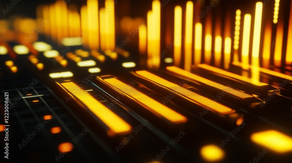 Poster a d bar chart with gold bars of different heights on a reflective black surface, symbolizing rising 