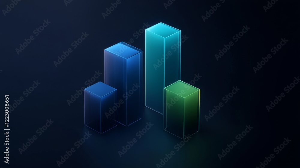 Poster a d bar graph in cool blues and greens on a dark background with soft lighting from above, creating 