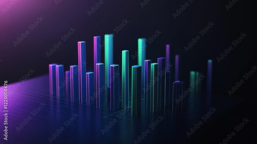 Fototapete A D bar graph in cool blues and greens on a dark background with soft lighting from above, creating a sophisticated, data-centric visual
