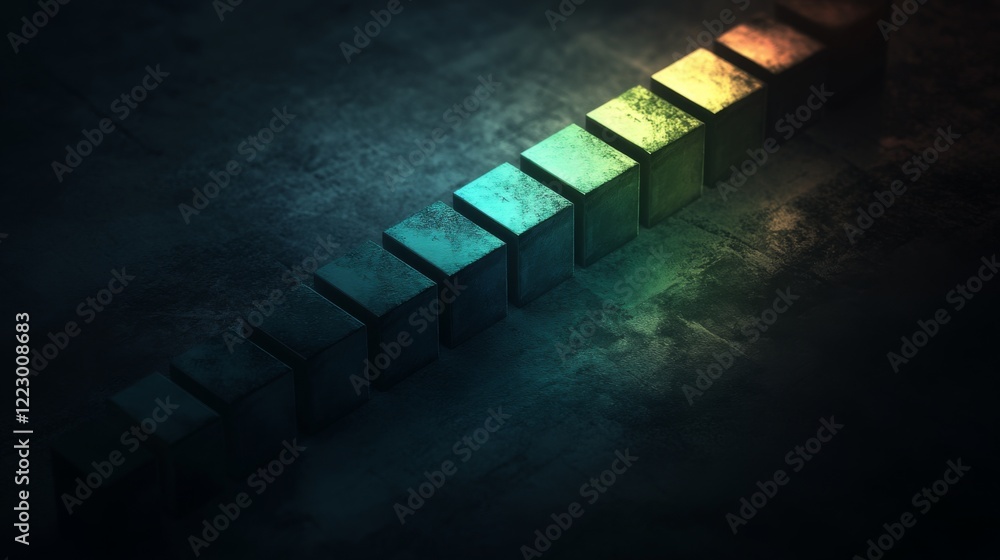Poster a d bar graph in cool blues and greens on a dark background with soft lighting from above, creating 