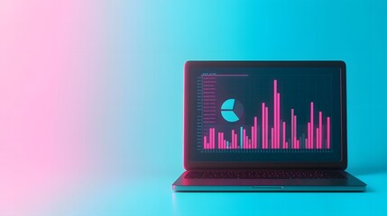 Laptop Showcasing Real-Time Analytics with Pie and Bar Charts on a Glowing Blue Background