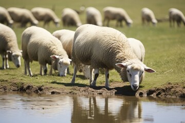 Obraz premium Sheep Drinking Water on the Farm. Agriculture & Domestic Animals in Green Grass with Bin