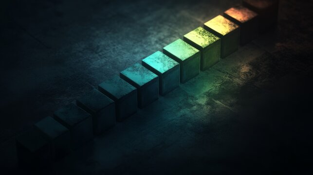 A D bar graph in cool blues and greens on a dark background with soft lighting from above, creating a sophisticated, data-centric visual