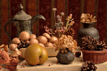 Retro food still-life Mushrooms Apple