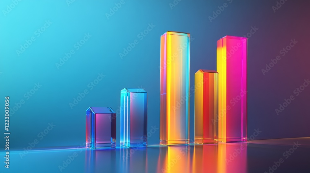 Poster a d bar graph with vibrant, semi-transparent bars of varying heights on a gradient blue background, 