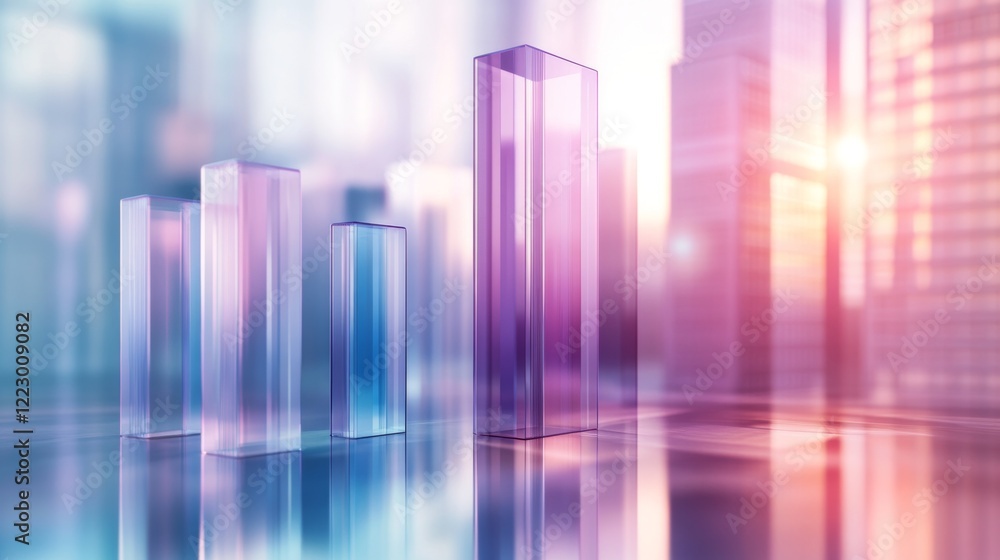 Poster a d bar graph with tall, transparent bars in shades of blue and purple, set on a reflective surface 