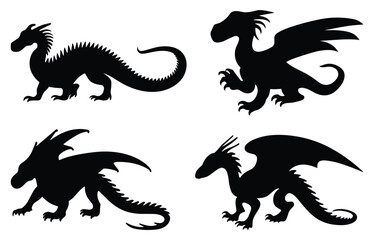 Four different dragon silhouettes. isolated vector on white background. 