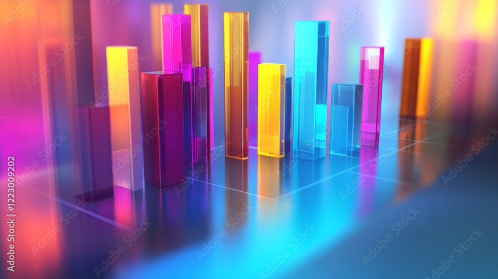 Poster a d bar graph with vibrant, semi-transparent bars of varying heights on a gradient blue background, 