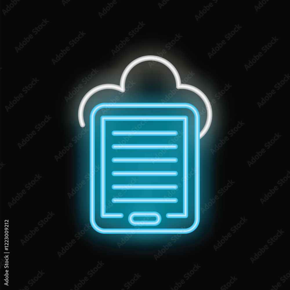 Poster blue neon icon of a tablet computer with a cloud symbol above, representing cloud storage and comput
