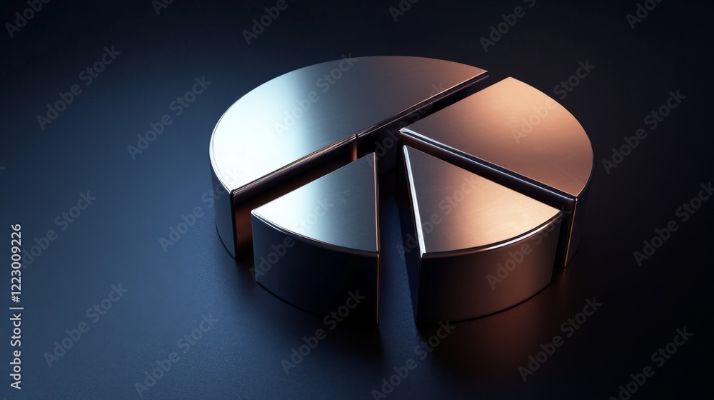 Fototapete a d financial pie chart with metallic segments, casting shadows on a dark background, creating a mod