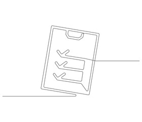 Clipboard with checklist in One continuous line drawing. Symbol of to do list for business or schedule. Clipboard in simple linear style. Editable stroke. Doodle line illustration