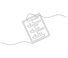 Clipboard with checklist in One continuous line drawing. Symbol of to do list for business or schedule. Clipboard in simple linear style. Editable stroke. Doodle line illustration