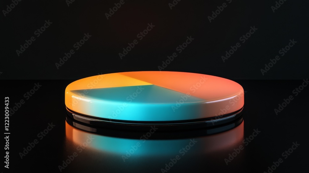 Poster a d pie chart in warm and cool tones, floating slightly above a reflective black surface, creating a