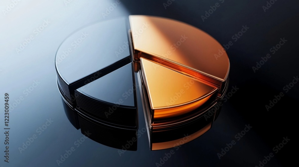 Aufkleber a d pie chart in warm and cool tones, floating slightly above a reflective black surface, creating a