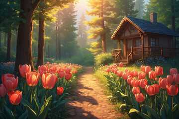 Radiant tulips in warm sunlight, misty morning, path through blooms to cabin, glowing petals, peaceful anime feel