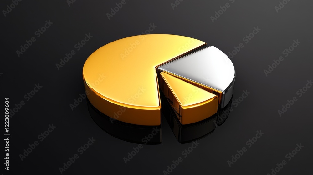 Poster a d pie chart with gold and silver segments on a dark reflective background, illustrating the portio