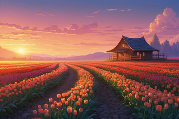 Magical tulip field at dawn, golden gradient, light fog, curved path, wooden cabin, glowing anime flower scene
