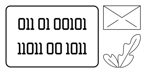 Binary code on a screen, an email envelope, and a leaf outline. Ideal for themes of digital communication, information technology, data encoding, messaging, nature simplicity integration. Abstract