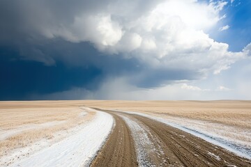 Fototapeta premium A road in the middle of a field with a storm in the background