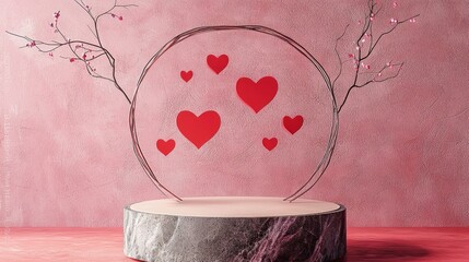 Intricate design featuring vibrant red hearts suspended in a circular framework, complemented by subtle branches, all set against a soft pink wall. Perfect for romantic displays or invitations