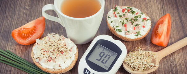 Glucometer with sugar level, freshly breakfast with tea. Healthy nutrition during diabetes