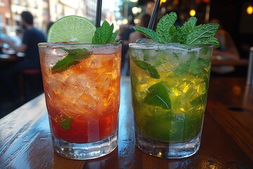 Two refreshing cocktails one red and one green garnished with lime and mint sit on a wooden table outdoors