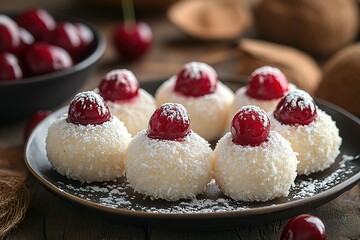 Sweet coconut balls topped with cherries dusted with powdered sugar A delightful treat!