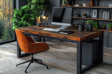 Modern home office with rustic wooden desk comfortable chair and computer setup Plants add a touch of nature
