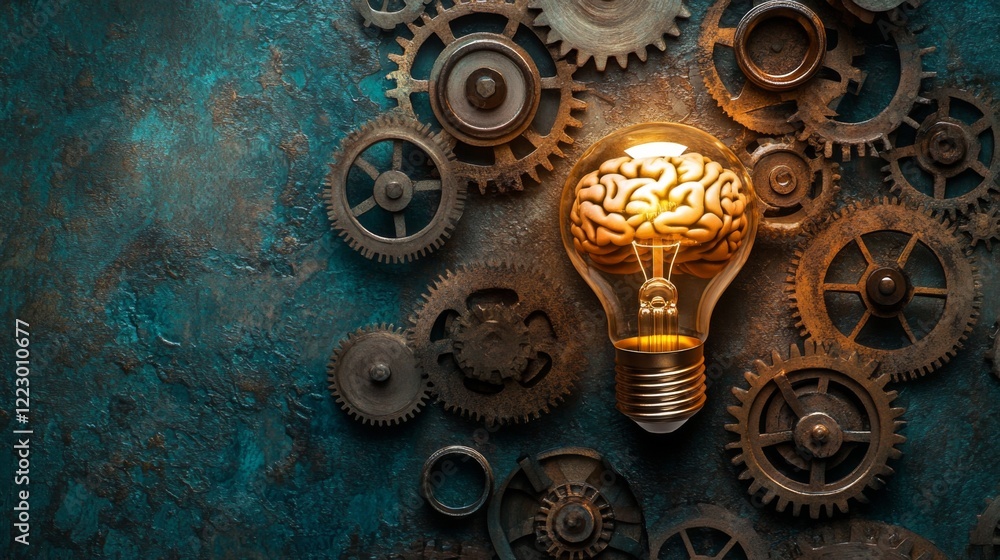 Aufkleber a brain-shaped light bulb surrounded by gears and cogs, symbolizing ideas and innovation, against a 