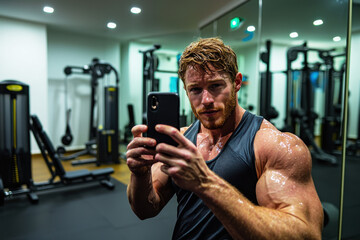 Man captures confident post-workout selfie in minimalist gym with gym equipment in background