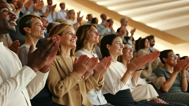 Multicultural Audience Applauding at Futuristic Convention Center