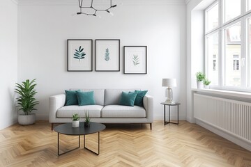 Modern living room with natural wood and greenery, sunlight streaming in, minimalist decor, tranquil and airy.
