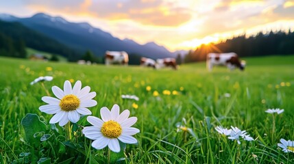 Beautiful Sunrise Over Green Meadow with Daisies and Cows Nearby